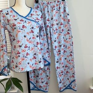 Garnet Hill Asian Wrap Floral 2 Piece Pajama Set Organic Green Cotton